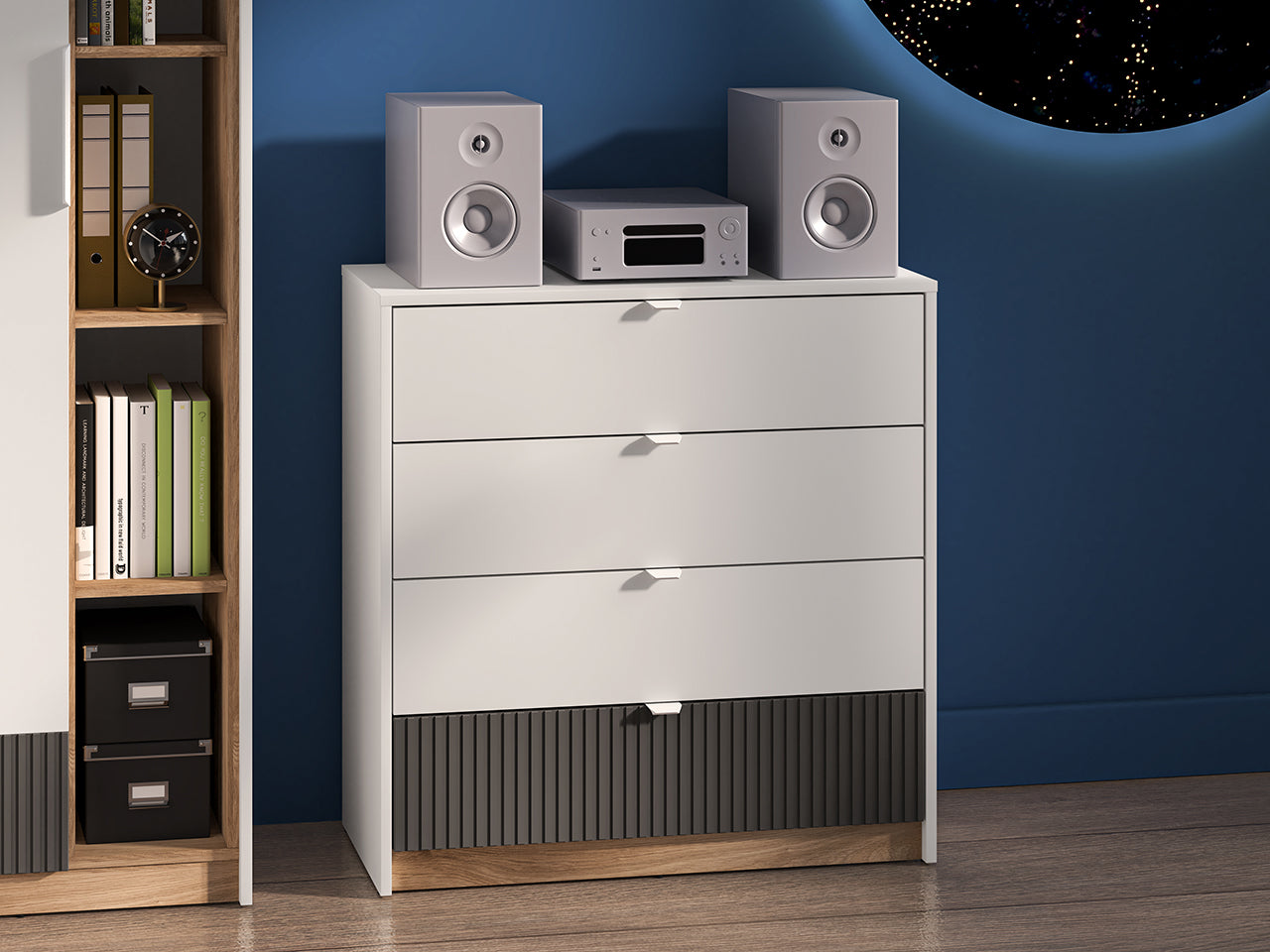 Commode Compacte Enfant avec Tiroirs à Extension Complète – Blanc, Graphite Mat & Chêne Castello|Offre Spéciale|Decora Home