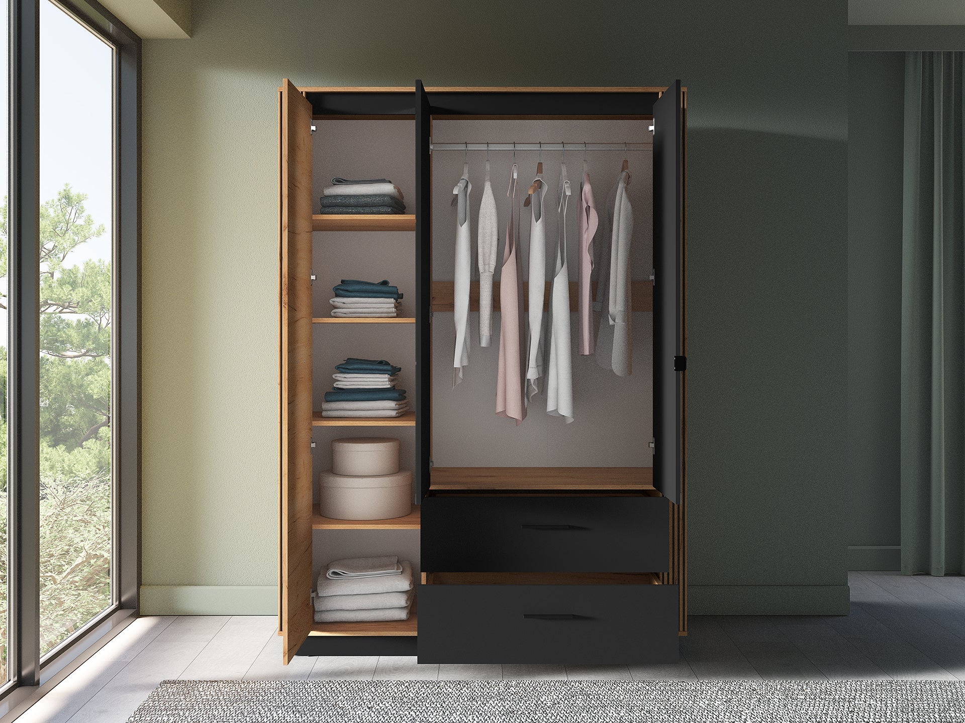 Armoire Moderne Chêne Craft Or & Noir – Élégance et Grande Capacité de Rangement - Decora Home