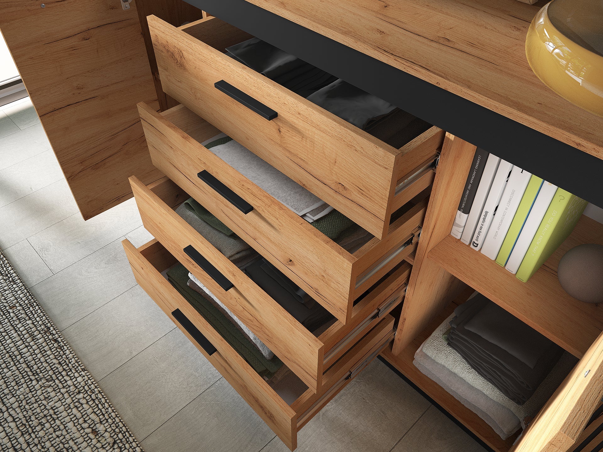 Commode, Buffet, Buffet Moderne en Chêne Craft Gold et Noir avec Verre Trempé – Design Élégant et Fonctionnel - Decora Home