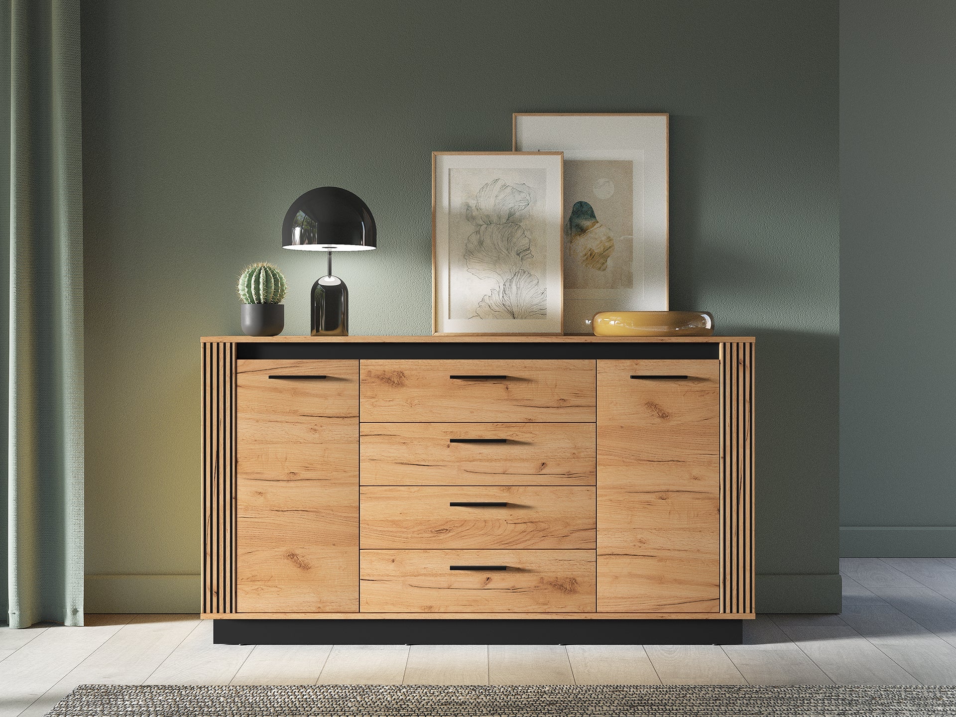 Buffet Moderne en Chêne Craft Gold et Noir avec Verre Trempé – Design Élégant et Fonctionnel|Offre Limitée|Decora Home
