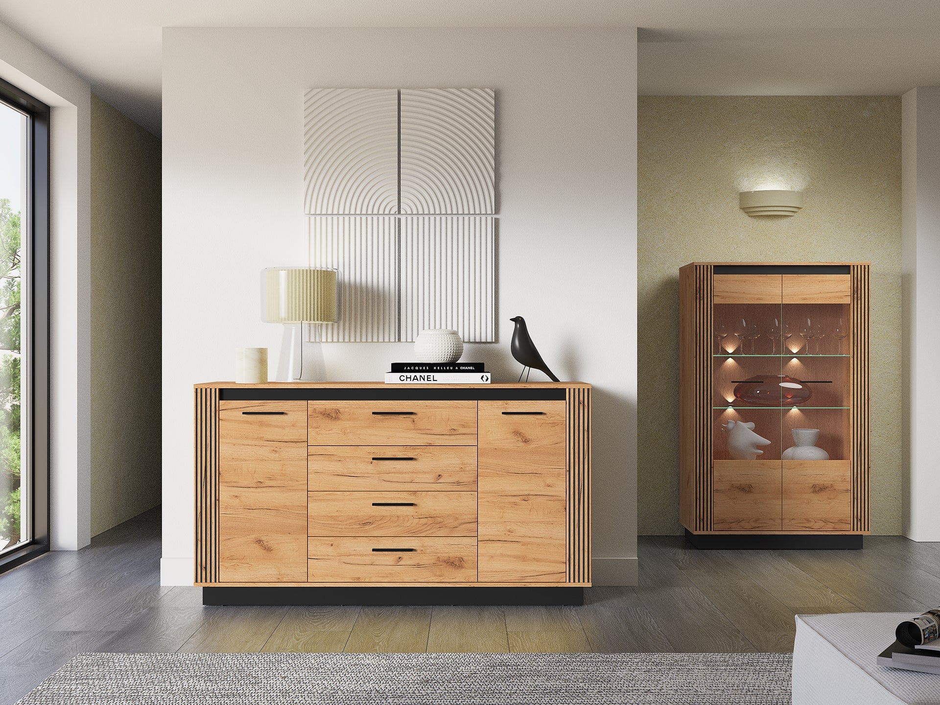 Commode, Buffet, Buffet Moderne en Chêne Craft Gold et Noir avec Verre Trempé – Design Élégant et Fonctionnel - Decora Home