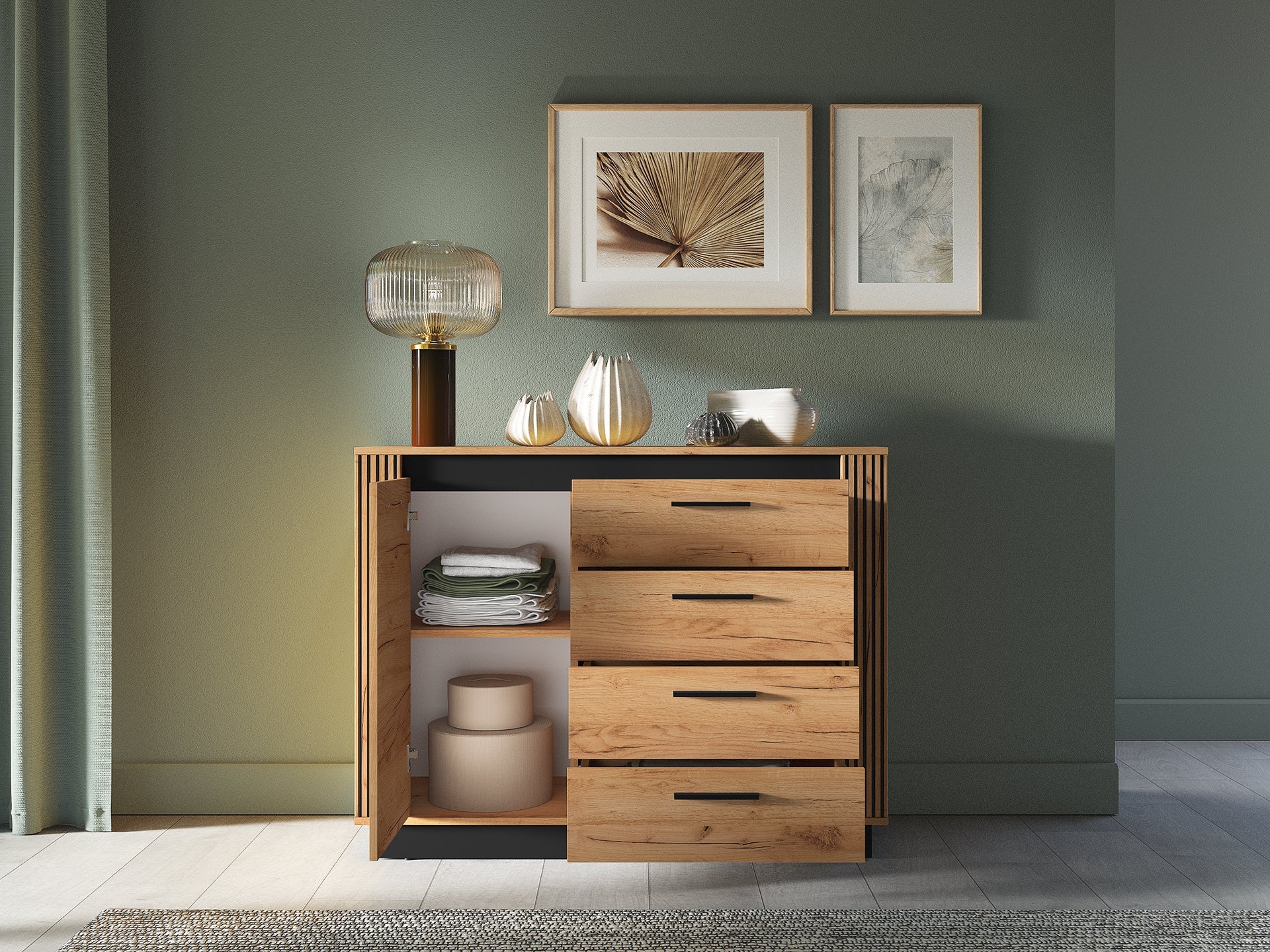 Commode, Buffet, Buffet Moderne en Chêne Craft Gold et Noir – Résistant aux Rayures et à l'Humidité - Decora Home