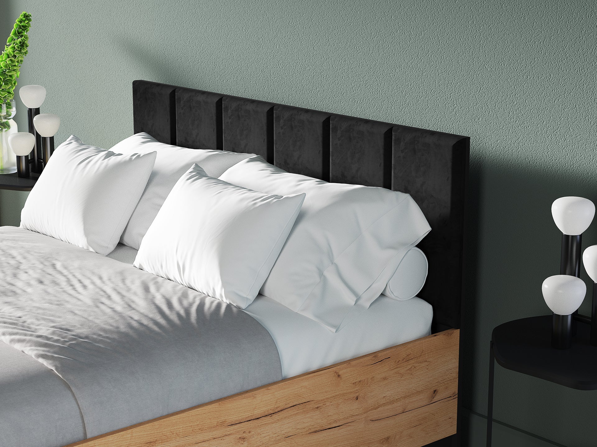 Lit en Chêne Craft Or + Noir avec Appuie-tête en Velours Noir – Confort et Élégance - Decora Home