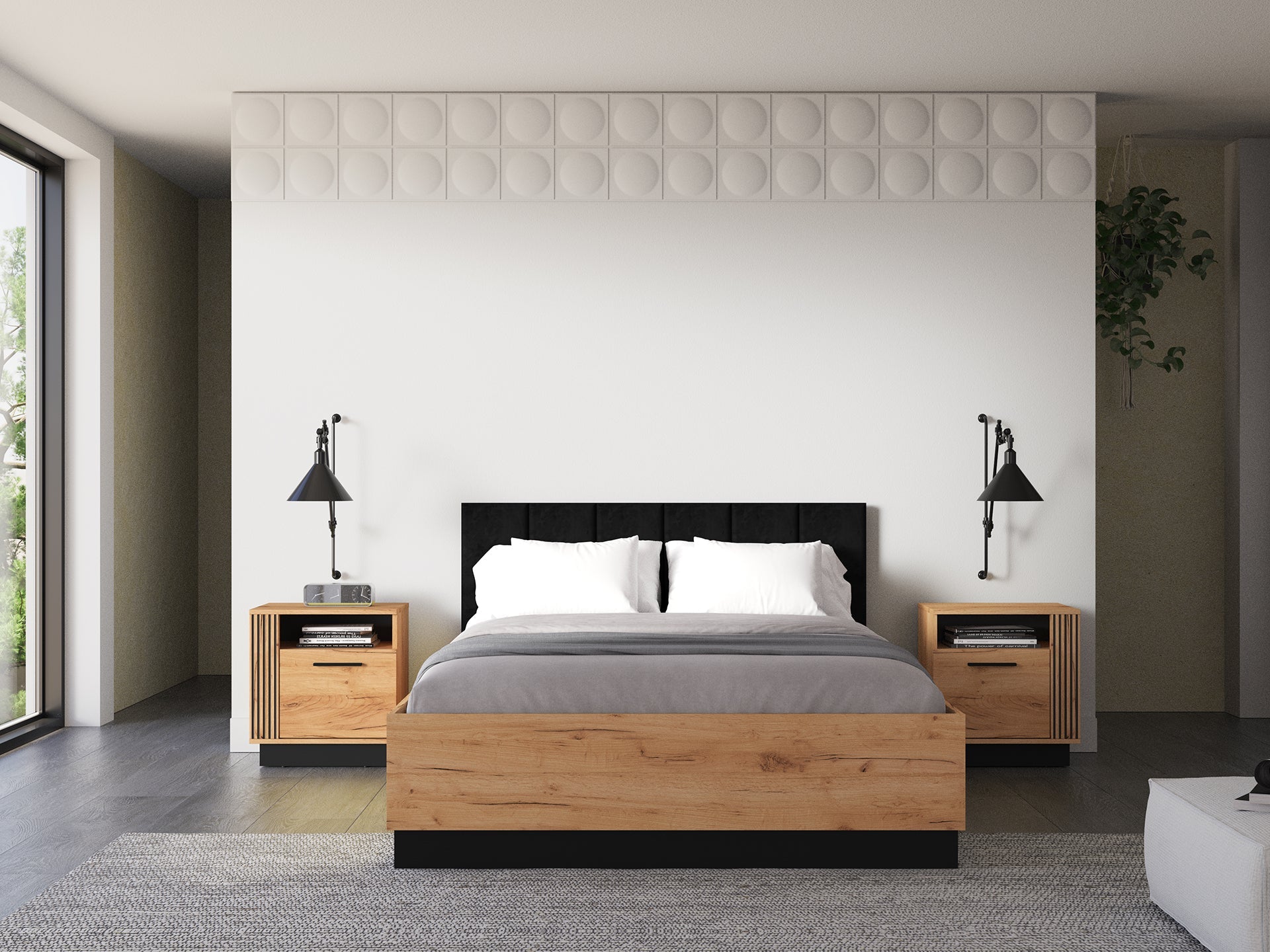 Lit en Chêne Craft Or + Noir avec Appuie-tête en Velours Noir – Confort et Élégance - Decora Home