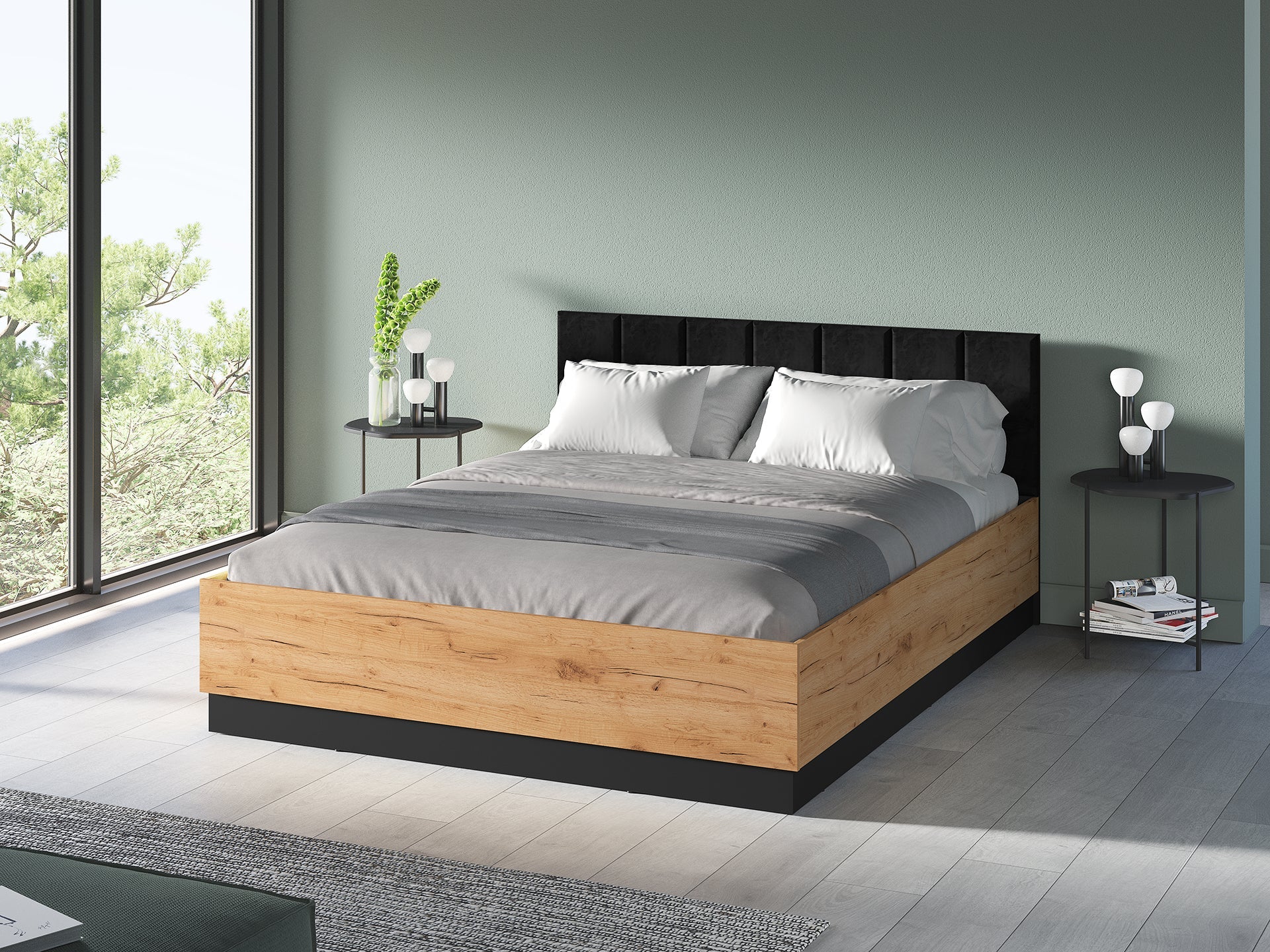 Lit en Chêne Craft Or + Noir avec Appuie tête en Velours Noir – Design Élégant et Résistant|Offre Limitée|Decora Home