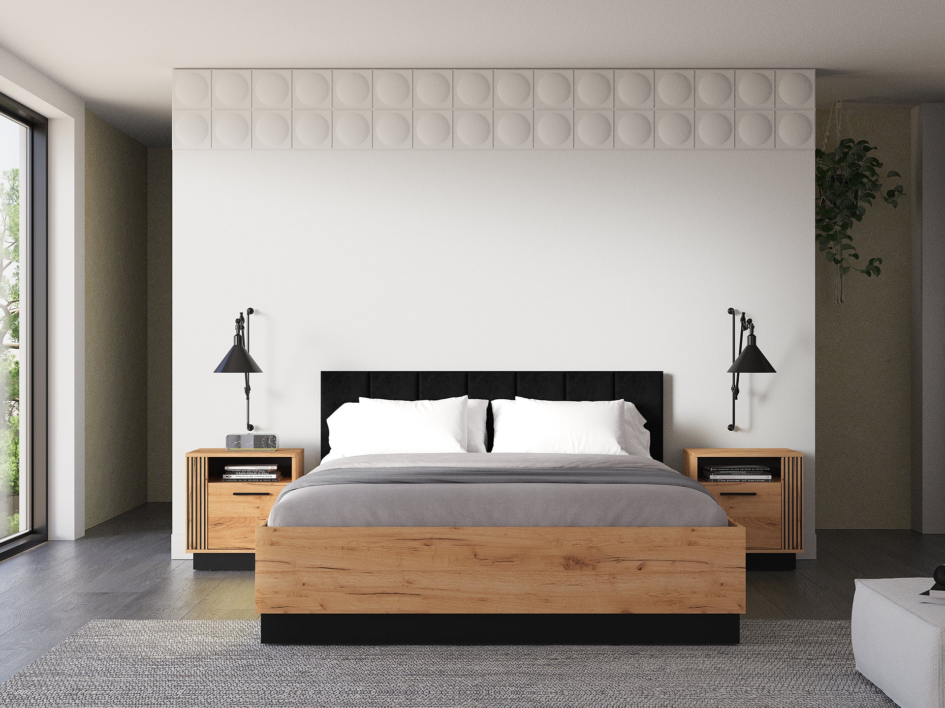Lit en Chêne Craft Or + Noir avec Appuie-tête en Velours Noir – Design Élégant et Résistant - Decora Home