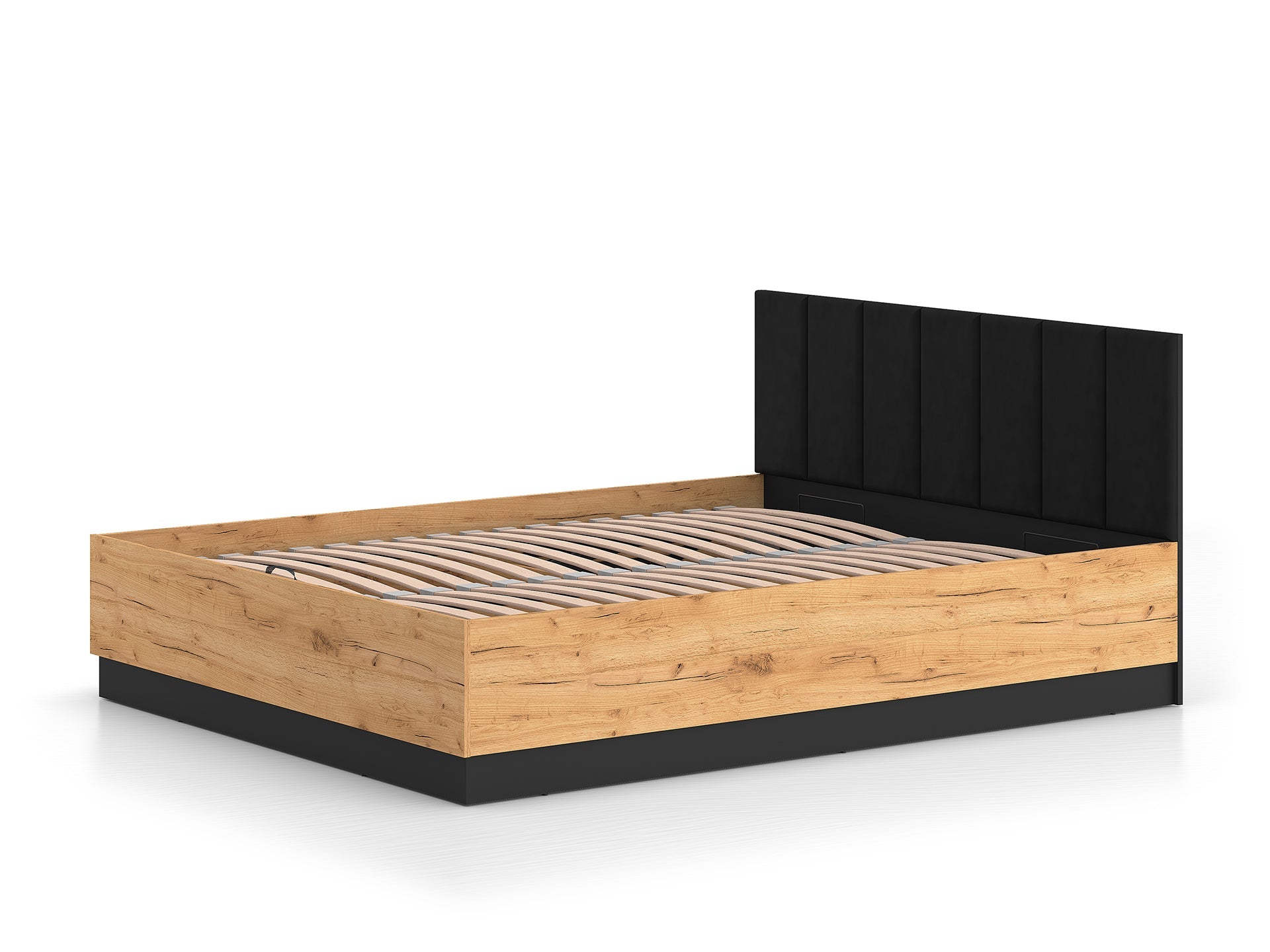 Lit en Chêne Craft Or + Noir avec Appuie-tête en Velours Noir – Design Élégant et Résistant - Decora Home