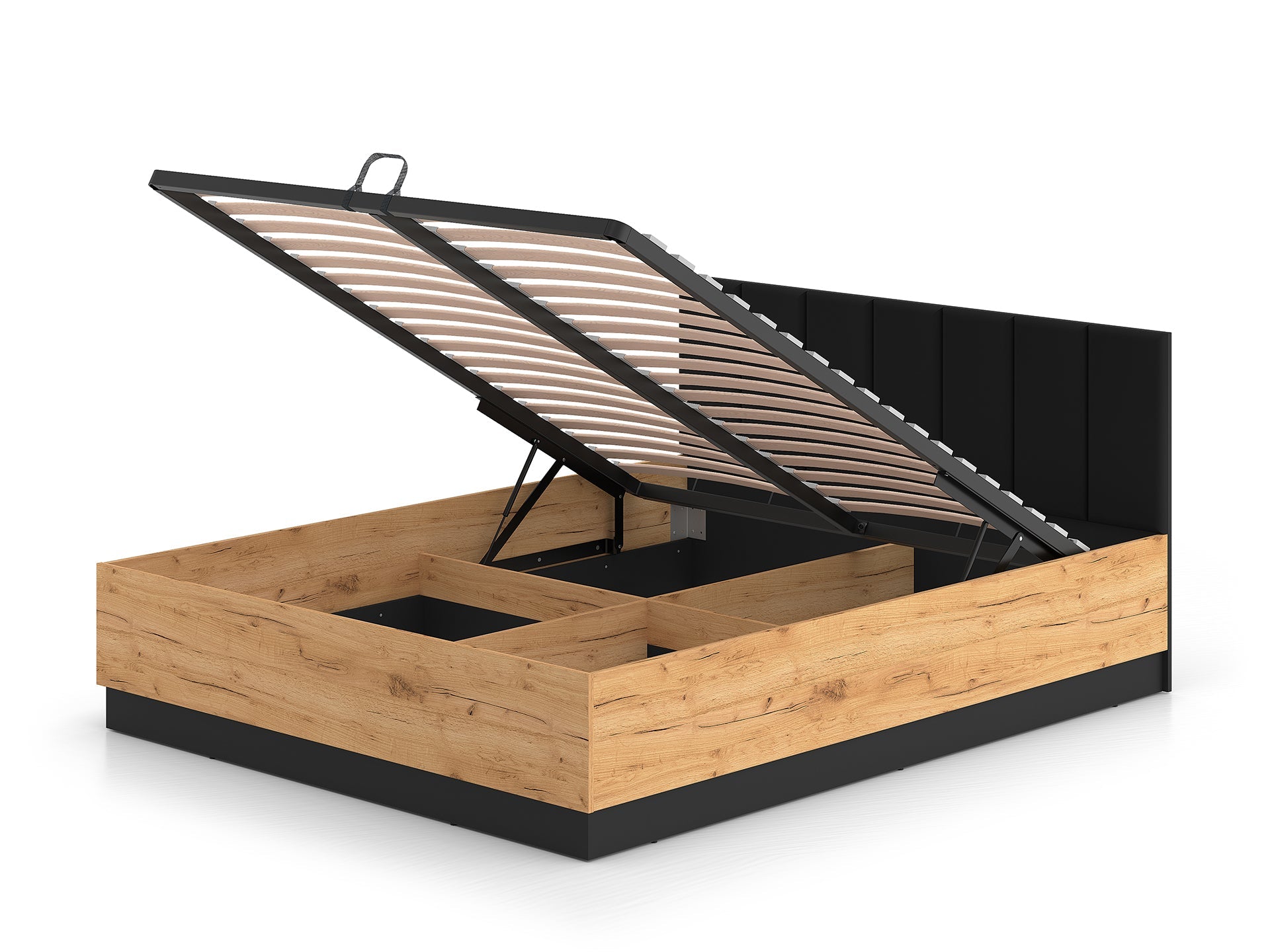 Lit en Chêne Craft Or + Noir avec Appuie-tête en Velours Noir – Design Élégant et Résistant - Decora Home