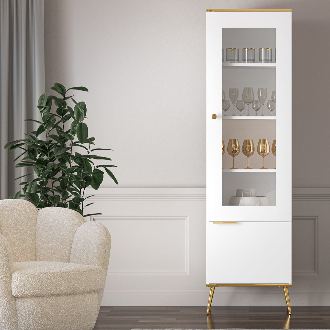 Vitrine haute en bois blanc laqué mat avec porte vitrée et structure dorée - Decora Home