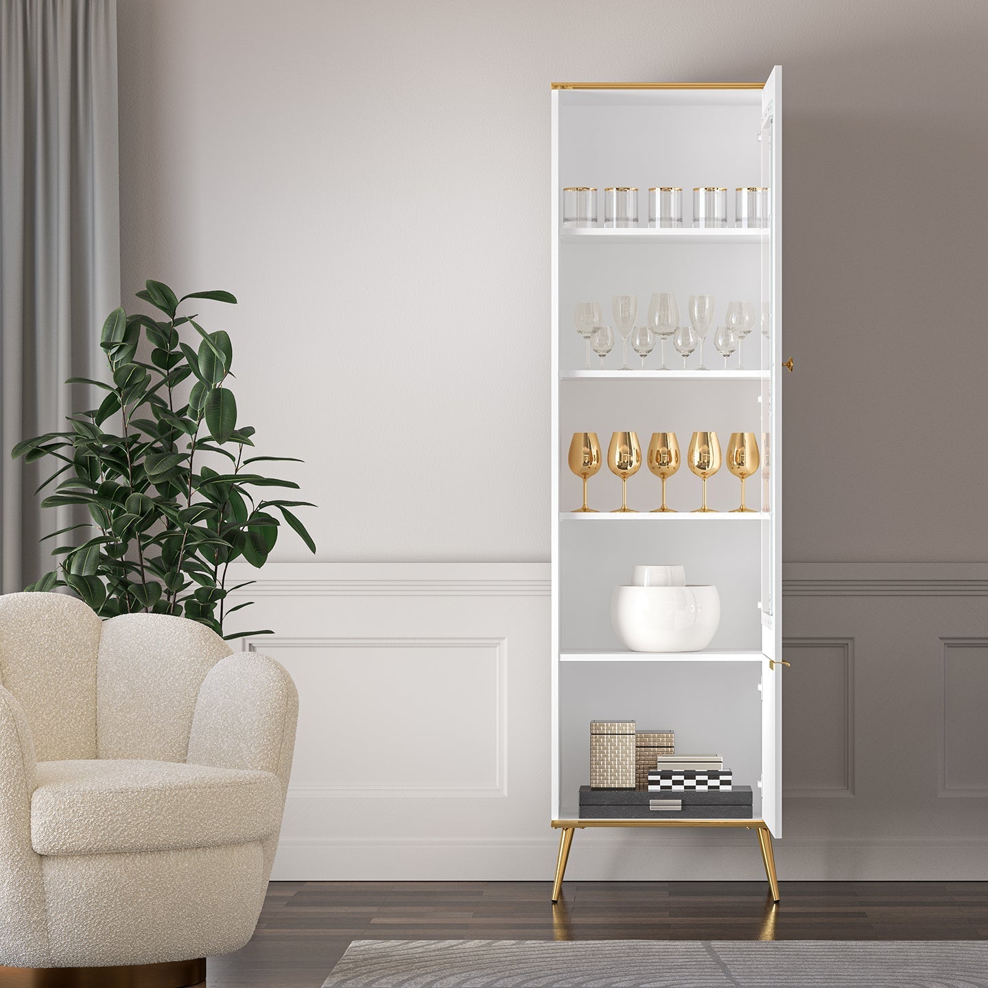 Vitrine haute en bois blanc laqué mat avec porte vitrée et structure dorée - Decora Home