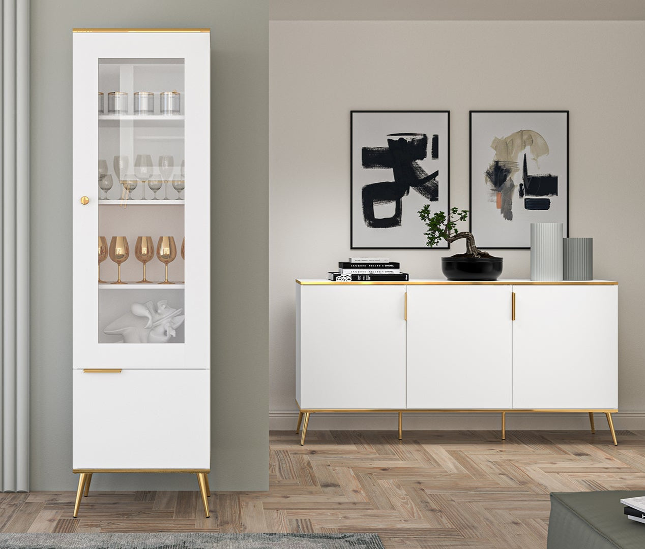 Vitrine haute en bois blanc laqué mat avec porte vitrée et structure dorée - Decora Home