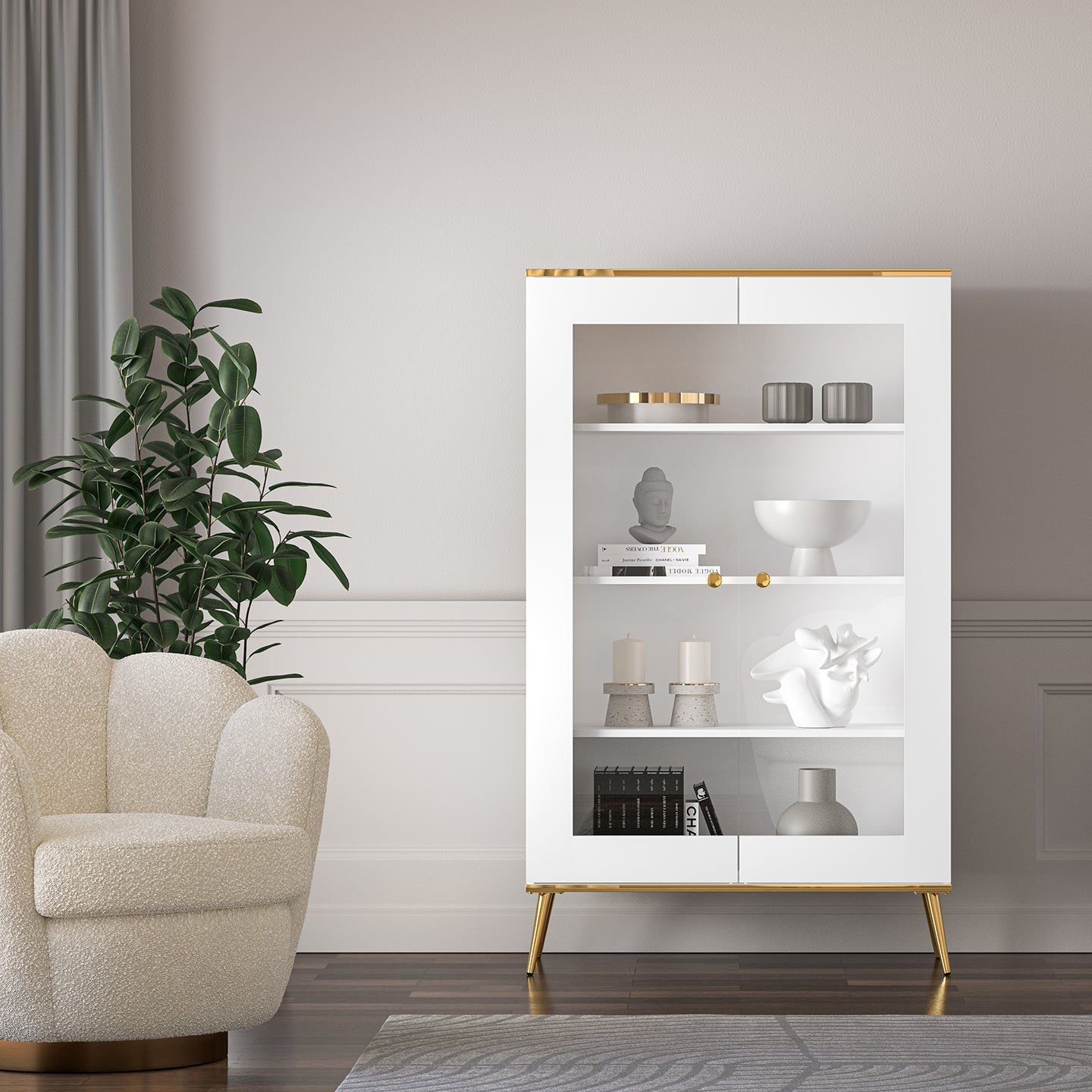 Vitrine en bois blanc laqué mat avec structure dorée et vitres - Decora Home
