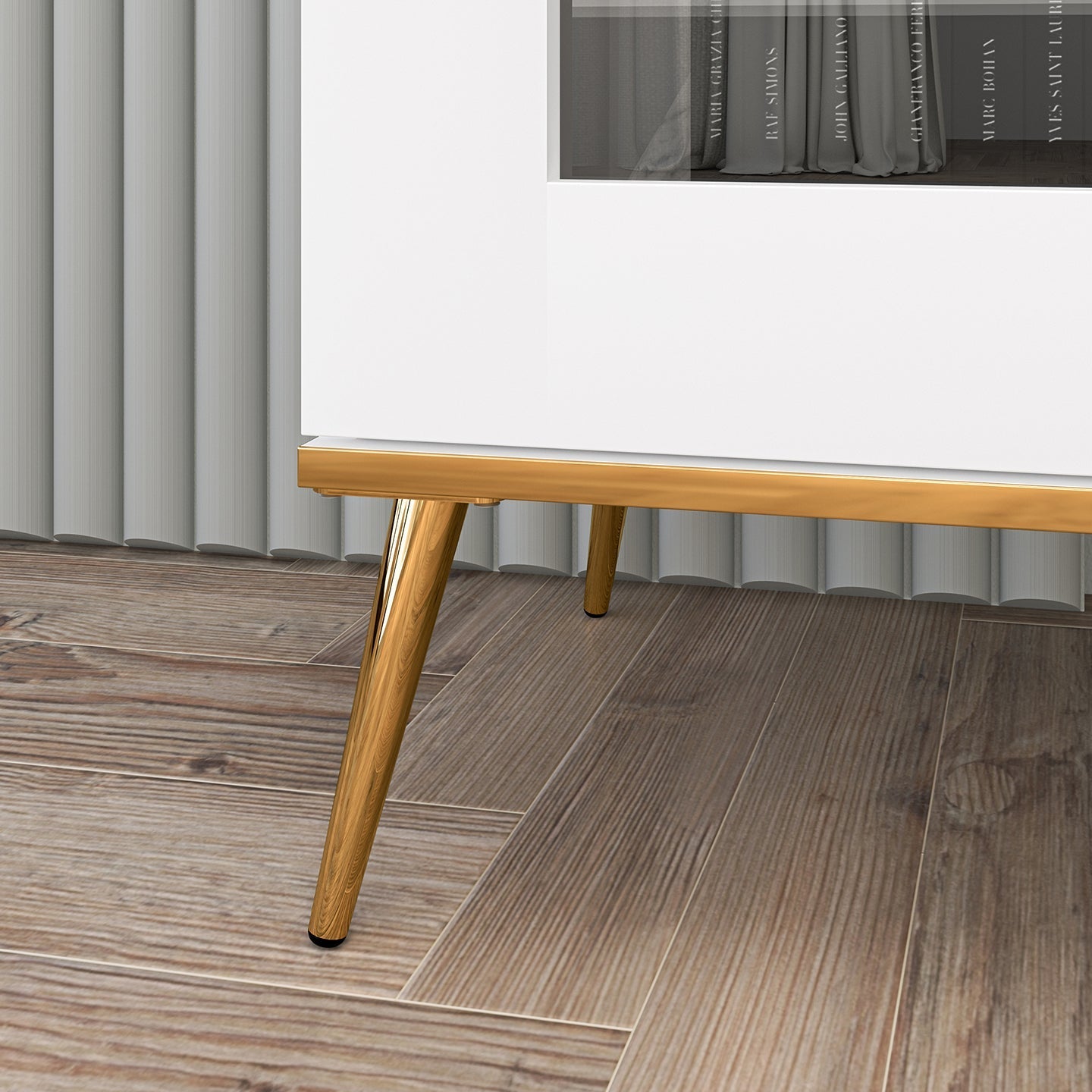 Vitrine en bois blanc laqué mat avec structure dorée et vitres - Decora Home