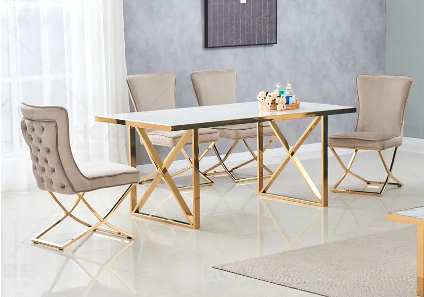 Ensemble de table  à Manger en Marbre Blanc et 4 Chaises en Velours Beige
