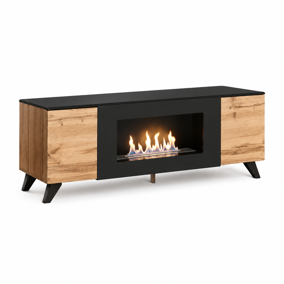 Meuble TV THIN 160 cm avec cheminée bioéthanol sur pieds - Chêne Wotan - fond blanc