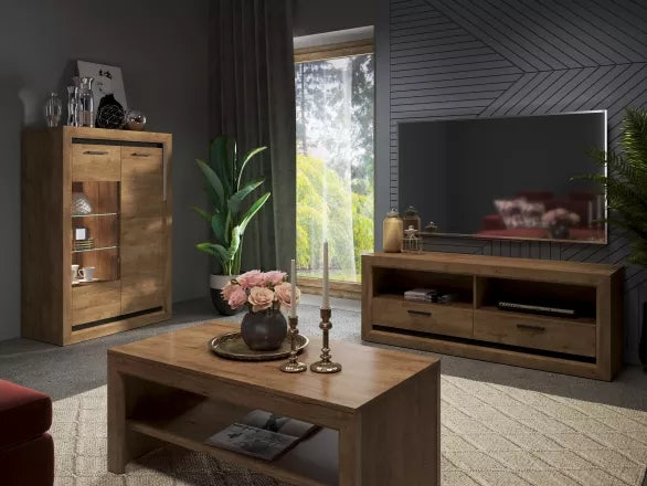 Vitrine Basse en Chêne de Lefkas et Noir – Style Industriel, Fonction Réversible et Éclairage LED en Option - Decora Home