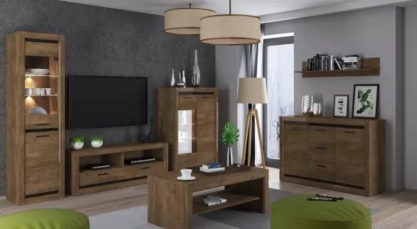Vitrine Moderne en Chêne de Lefkas et Noir – Avec Éclairage LED (en option) et Fonction d’assemblage droite/gauche - Decora Home